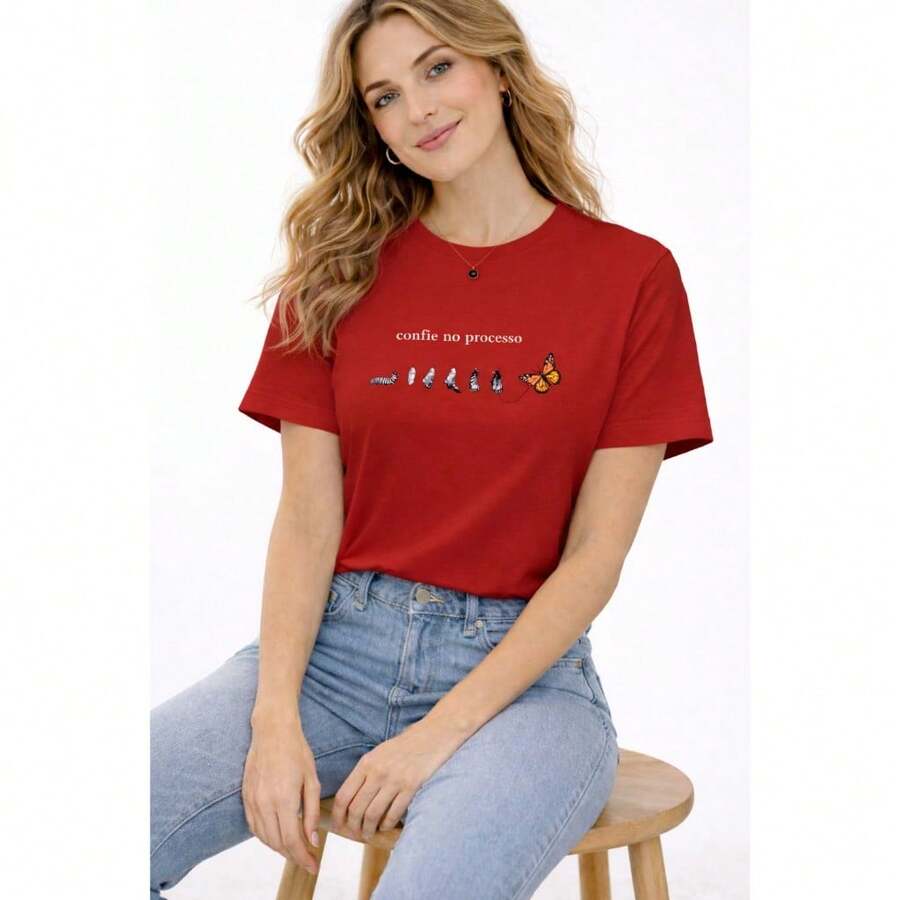 Women's T-Shirt "Trust The Process" Butterfly Print Motivational Design 100% - Red - View 1