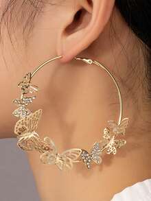 1pair Fashionable & Personalized Bamboo Knot Butterfly Shaped Rhinestone Detail Earrings For Women, Suitable For Daily Wear, Parties And Festivals Gifting - Yellow Gold - View 12