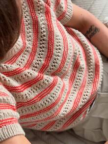 优雅女士度假套装，撞色条纹镂空短袖圆领套头衫，女士夏季服装，女士春季套装 - 混合色 - 查看 5