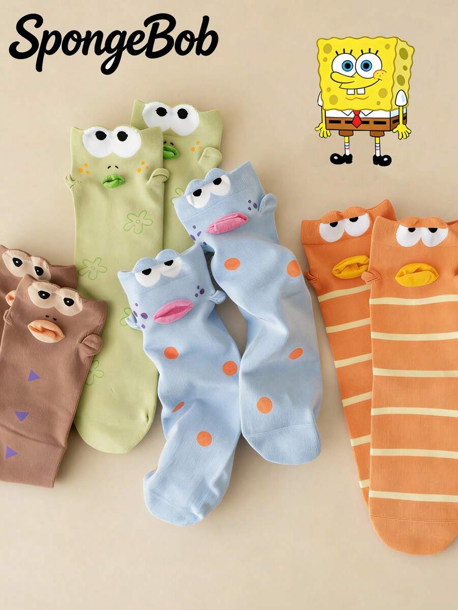 SpongeBob SquarePants 1/4 双趣味表情船袜,3D 嘴唇图案休闲袜,适合上学和街头穿着 - 彩色 - 查看 1