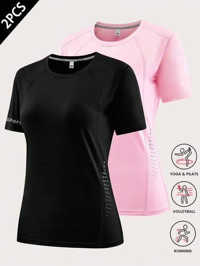 2 piezas Camiseta de manga corta y cuello redondo de seda de hielo para mujer, con estampado de puntos laterales, de secado rápido, transpirable y cómoda para deportes, fitness, running, gimnasio