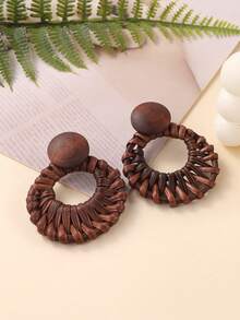 一对手工天然藤条镂空圆形耳环，简约艺术设计，适合旅行、度假、派对、下午茶、音乐节和日常佩戴。 - 咖啡棕 - 查看 2