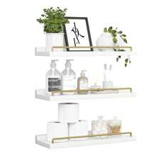Modern Floating Shelves, Set Of 3 Floating Shelves With Metal Railing For Wall Decoration, Rustic Wall-Mounted Shelf Suitable For Bedroom, Bathroom, Kitchen, Living Room, Plants, Photo Frames, Art - 鉑 - 查看 9