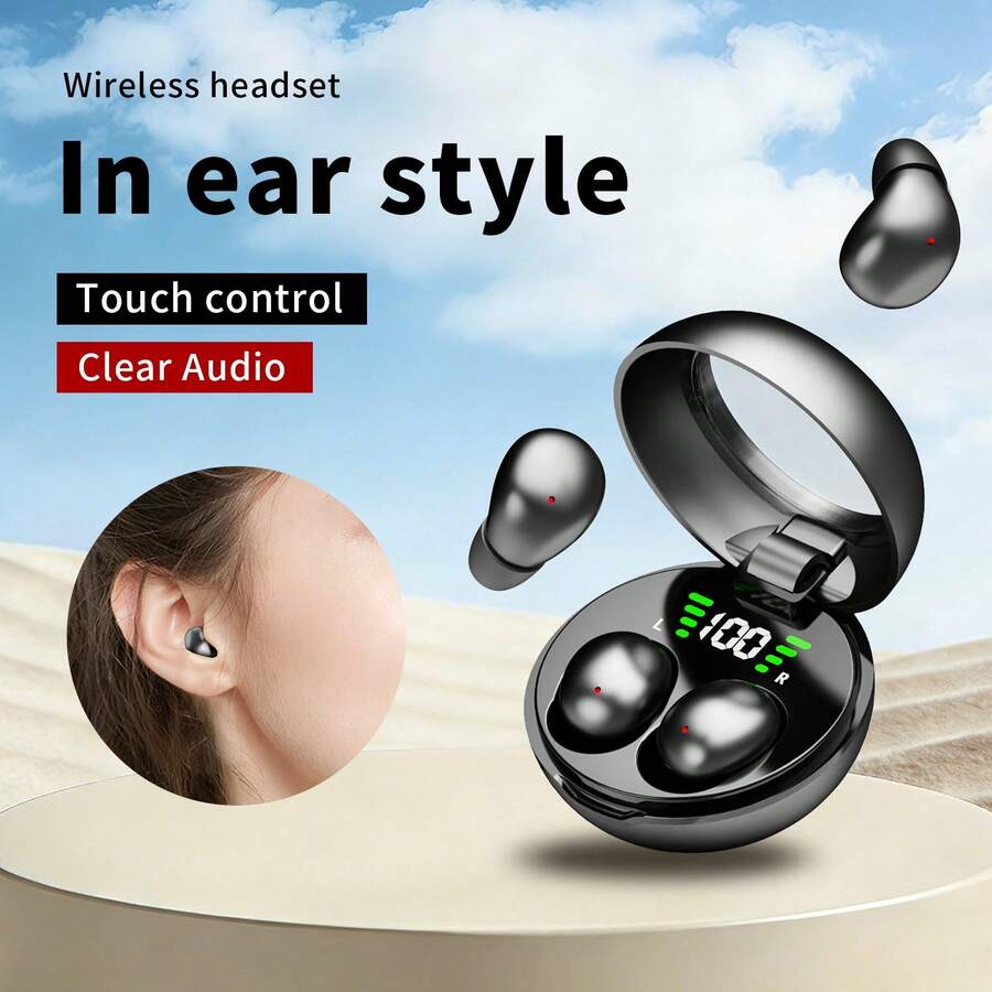 超紧凑隐形迷你无线耳塞 - 时尚黑色、无眩光设计、隐形耳机、无线连接、触摸控制、带 USB-C 充电盒 - 适合睡眠，男女通用
