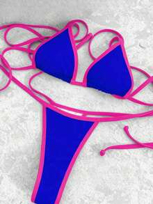 Bộ đồ bơi nữ 2 mảnh, áo croptop buộc dây màu vàng và xanh dương tương phản cùng quần bikini buộc dây bên hông. - Màu xanh lam - Xem 7
