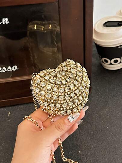 Sparkling Vintage Crystal Studded Mini Heart Shaped Lipstick Case, Elegant Lady Clutch Bag, Shoulder Bag, Coin Purse, Chain Bag, Suitable For Outfit Matching, Wedding, Party, Prom, Birthday Gift, Holiday