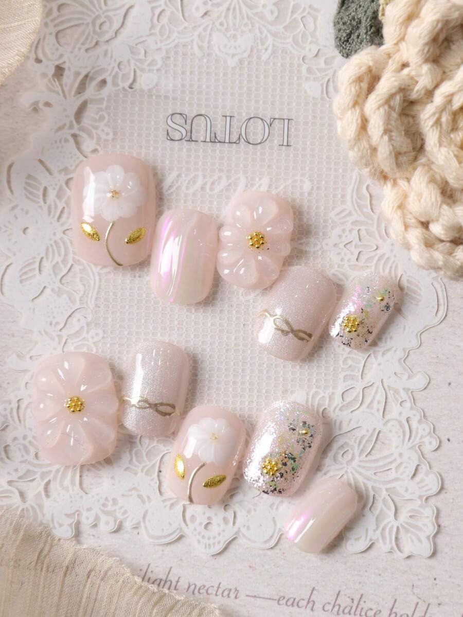 10pcs Press On Nails Almond Nails Pink Cat Eyes Golden Bow Tie Press On Nail Supplies Fake Nails Short Office DailyWear False Nails Artificial Nails Kit Includes 1sheet Adhesive Tabs &1 Pc Mini File - Multicolor - View 1