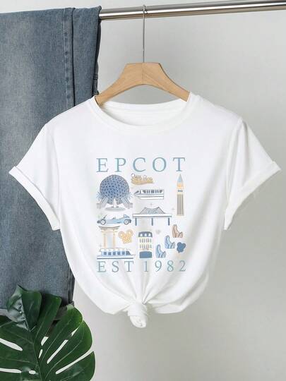 "EPCOT EST 1982" Park Graphic T-Shirt, Retro Vacation Tee, Casual Cotton Crew Neck Top, Summer Tops For Women, Regular Fit