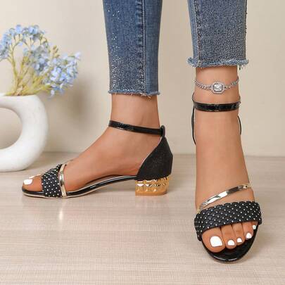 Zwarte platte sandalen met glitter voor dames, zomerse nieuwe mode, veelzijdig, elegant, met open teen en lage hak, sandalen met één bandje.