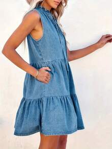 Women's Non-Stretch Sleeveless Ruffle Hem Denim Dress Casual A-Line Dress - Light Wash - View 6