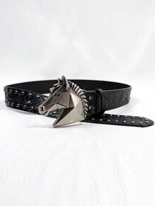1pc Unisex Dark Geometric Horse Head Punk Style Studded Vintage Embossed Leather Belt, Limited Edition New Year Gift - Multicolor - View 5