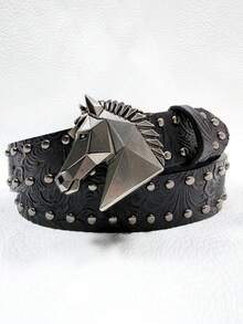 1pc Unisex Dark Geometric Horse Head Punk Style Studded Vintage Embossed Leather Belt, Limited Edition New Year Gift - Multicolor - View 2