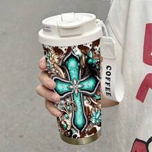 1pc/5pcs 17oz Turquoise Gemstone Cross Leather Insulated Coffee Tumbler With Strap - Western Christian Traveler Cup, Cowgirl Gift - Multicolor - View 9