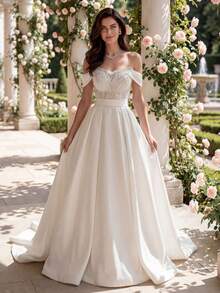 HEARBOBO Elegant Satin Off-Shoulder Contrast Sequin White Formal Evening Gown, A-Line Bridal Wedding Dress With Train - White - View 3