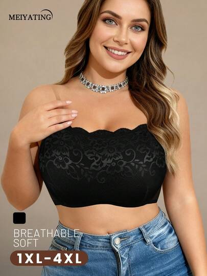 MEIYATING Plus Size Women's Lace Trim Wireless Bralette, Sexy Sheer Mesh Supportive Comfortable Everyday Bra With Transparent Straps, Suitable For Summer