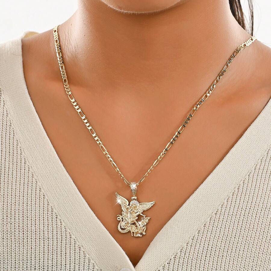 1pc Meaningful Catholic Gift, Gold St. Michael Necklace With Adjustable Heart Extension, Ideal For Baptism, Graduation & Christmas - Gold 55+5 - View 1