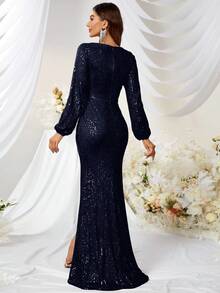 YISIKADO Sequin V-Neck Long Sleeve Formal Gown With High Slit Fishtail Maxi Dress, Elegant Wedding Spring Party - Navy Blue - View 2