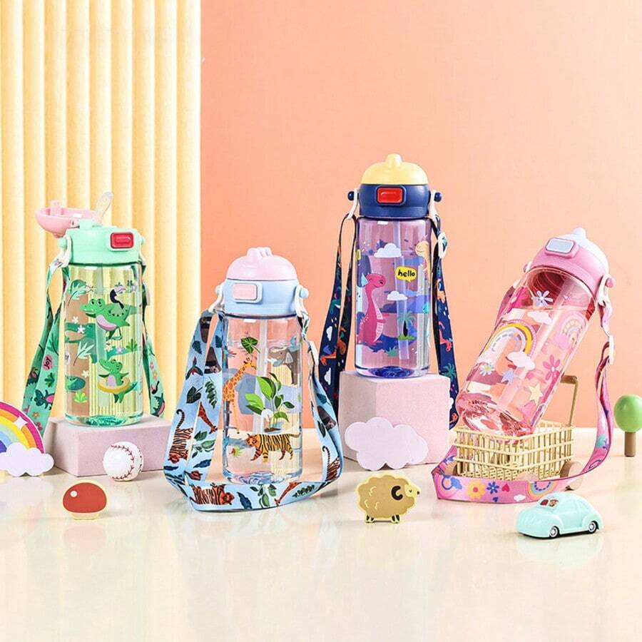Kids Straw Cup Cute Cartoon Water Bottle Portable Strap Student Water Bottle Plastic Water Cup - Multicolor - View 1