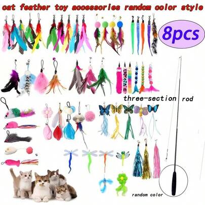 8pcs/Set Random Color & Style Cat Teaser Wand Toys, Interactive Cat Toys Set Including 1pc Retractable Wand, Furry Worm Replacement Head, Ribbon Replacement, With Bells, Suitable For All Cats