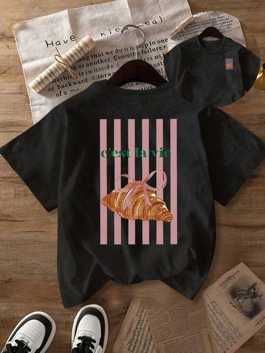 Áo thun nữ tay ngắn dáng casual với họa tiết croissant và sọc tươi sáng, cổ tròn, thích hợp mặc mùa xuân/hè, áo thun nữ, trang phục nữ mùa thu, quần áo nữ mùa đông, áo khoác ngoài nữ, trang phục nữ màu đen. - màu đen - Xem 1