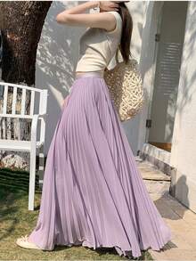 Váy chữ A xếp ly bằng vải chiffon kiểu Pháp lãng mạn mới năm 2026, váy suông cạp cao giúp thon gọn, thanh lịch cho mùa hè. - Màu tím - Xem 4