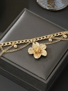1pc Vacation Style Line & Tassel Golden Flower Pendant Multilayer Anklet For Women (No Gift Box) - 金色 - 查看 4
