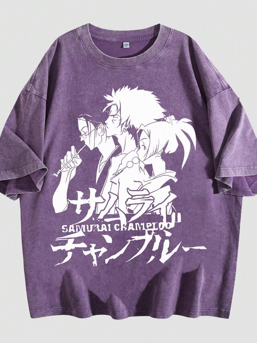 Samurai Champloo Monochrome Trio Graphic Crew Neck Top - Purple - View 1