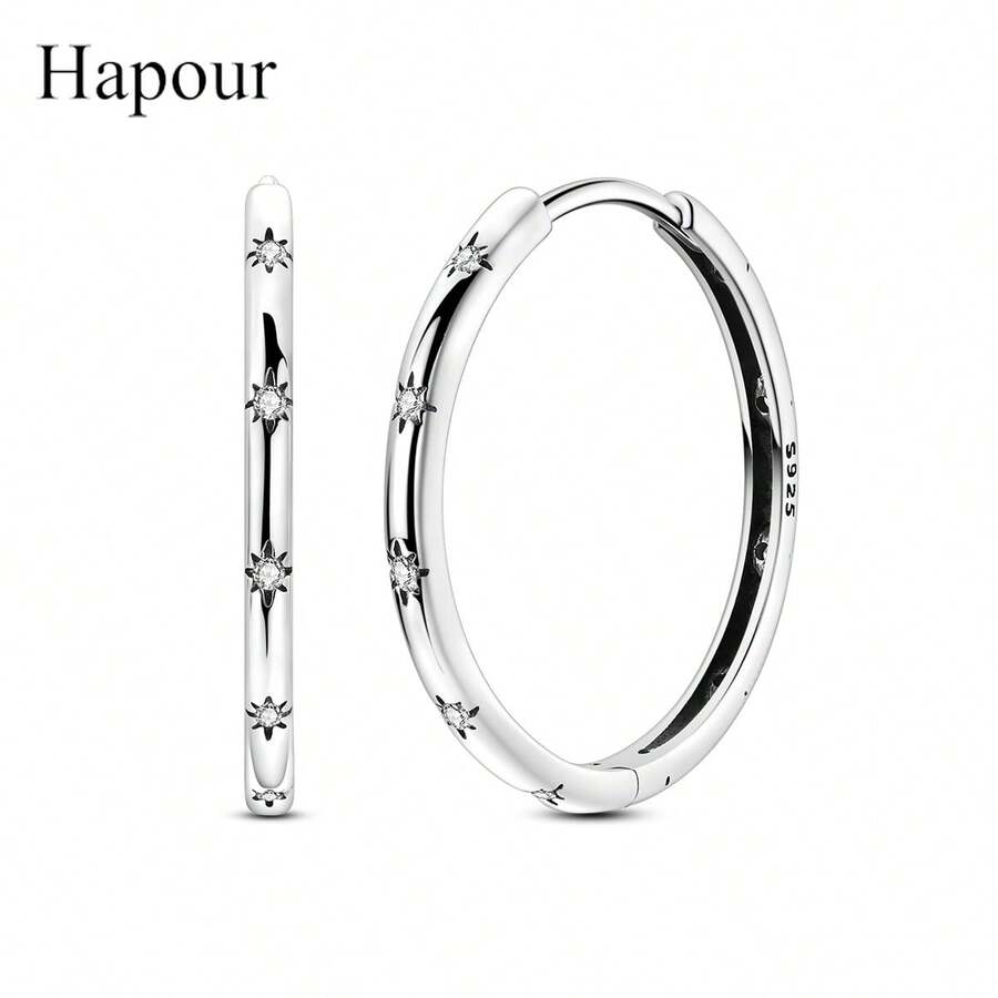 Bông tai bạc 925 hình ngôi sao - Trang sức cao cấp không gây dị ứng với ánh sao lấp lánh, thiết kế vòng thanh lịch, dành riêng cho nữ, món quà tuyệt vời cho dịp kỷ niệm. - Bông tai tròn ngôi sao lấp lánh - Xem 1