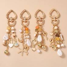 1pc Women's Summer Beach Style Shell & Faux Pearl Beaded Keychain, Fashionable Bag Charm With Heart Seashell & Starfish - Multicolor - View 2