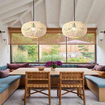 1pc Modern Medieval Style Bamboo Rattan Pendant Light - Bohemian Woven Hanging Ceiling Lamp, Adjustable Suspended Basket Light Fixture Suitable For Kitchen Island, Hallway, Bedroom, Dining Table, Living Room - E26 Socket (Bulb Not Included)