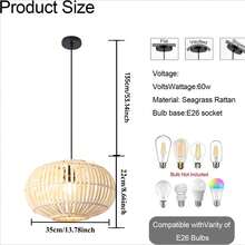 1件套现代中世纪风格竹藤吊灯 - 波西米亚编织吊灯，可调节悬挂式灯架，适用于厨房岛台、走廊、卧室、餐桌、客厅 - E26灯座（不含灯泡） - 竹編 - 查看 9