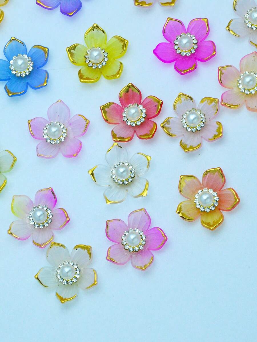 50pcs 25mm Gold Rimmed Rhinestone Flower Appliques, DIY For Jewelry, Shoes, Clothing, Bags, Gifts - Pearl White - View 1
