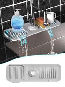 1 tấm lót thoát nước bằng silicon, tấm chắn nước bắn cho bồn rửa nhà bếp/phòng tắm, thảm chống trượt/tấm phủ bếp, giá đỡ điện thoại - Màu xám đen - Xem 4