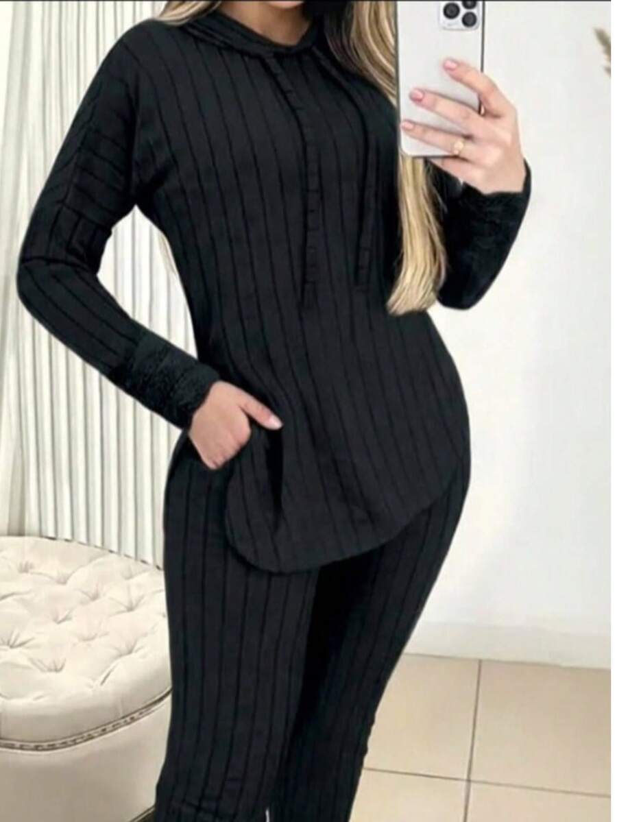 Women's Casual Solid Color Sweatshirt And Pants Set With Drawstring - Autumn Style - 黑色 - 查看 1