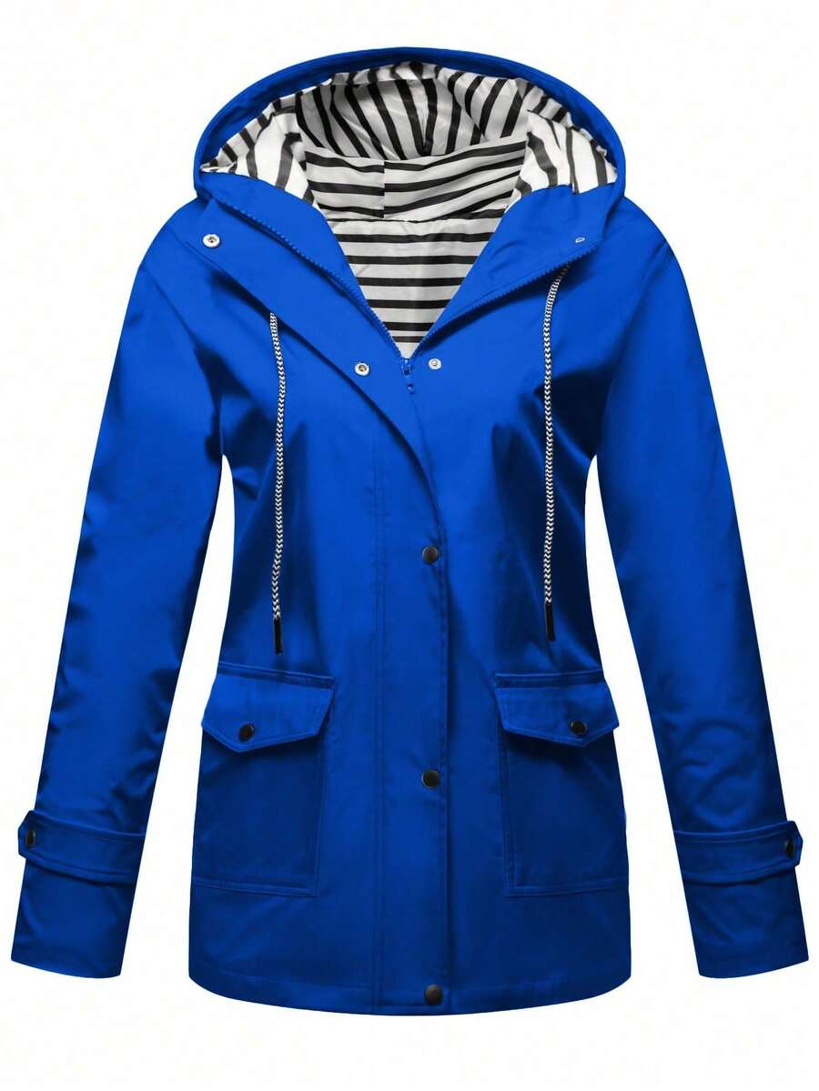Women's Long Hooded Lightweight Casual Raincoat With Full Zipper, Outdoor Jacket For Hiking, Thin, Spring/Summer - Dark Blue - View 1