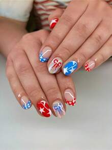 Immediately Enhance The Appearance Of Your Makeup. Just Put On 24 Almond-Shaped Nail Stickers On Your Nails To Create A Simple Red And Blue Striped Almond-Shaped Nail Star, Bow, Checkered Fake Nails, Full Coverage Fake Nails, Independence Day Nail Set. Suitable For Women And Girls! - Multicolor - View 1