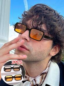 2 PCS Men's Classic Square Fashion Glasses Black Polycarbonate Frame Soft Tinted Lenses Suitable For Daily Commute With Glasses Box - Multicolor - View 12