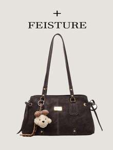 1pc FEISTURE Fashion Lace-Up One Shoulder Underarm Bag, Large Capacity Women's Commuter Bag, (Sold With Pendant) Suitable For Daily Outings, Dates, Commuting - Coffee - View 1