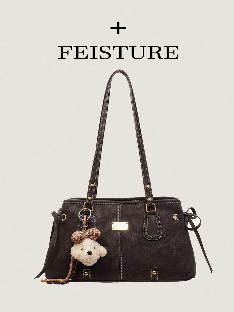 1pc FEISTURE Fashion Lace-Up One Shoulder Underarm Bag, Large Capacity Women's Commuter Bag, (Sold With Pendant) Suitable For Daily Outings, Dates, Commuting - Coffee - View 1