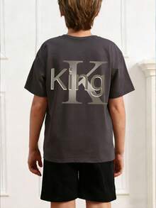 青少年男童印花短袖T恤，学生休闲夏季上衣 - 深灰色 - 查看 2