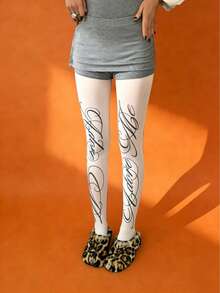 1 Pair Women's Velvet Printed Text Tights, Slim Fit Comfortable Fashionable Sexy Unique, Suitable For Daily Wear, Work Commute And Going Out - Multicolor - View 14