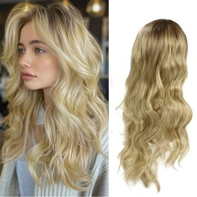 Peluca sintética de cabello ondulado y rizado, degradado rubio, Peluca de mujer, con raya al medio, peluca larga para uso diario, fiestas, cosplay, Halloween, Navidad, Año Nuevo, carnaval, festivales de música