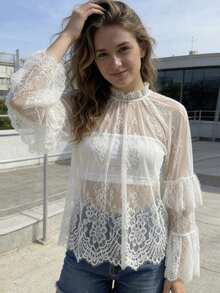Blusa de encaje para mujer, cuello alto, acampanada, manga larga, volantes, decoración, moda, transparente. - Blanco - Ver 6