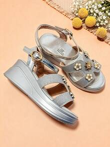 Girls' Fashion High Heel Sandals, Silver Flower Decor, Sweet Silver Flower Pendant Princess Sandals - Silver - View 8