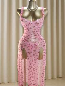 SOFUSEN 2 Pcs Charming, Sexy Pajamas, Split Design Lace Lace Flower Embellish, The Charm Of The Night Infinite Upgrade, Show Charming Style, Highlight Sexy Good Figure,Valentine's Day, Gifts - 粉色 - 查看 1