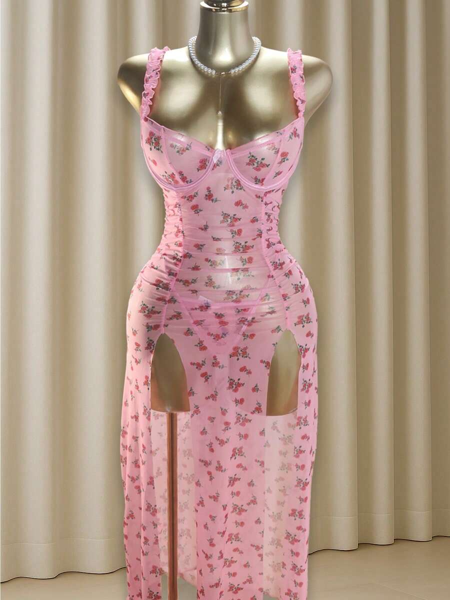 SOFUSEN 2 Pcs Charming, Sexy Pajamas, Split Design Lace Lace Flower Embellish, The Charm Of The Night Infinite Upgrade, Show Charming Style, Highlight Sexy Good Figure,Valentine's Day, Gifts - 粉色 - 查看 1