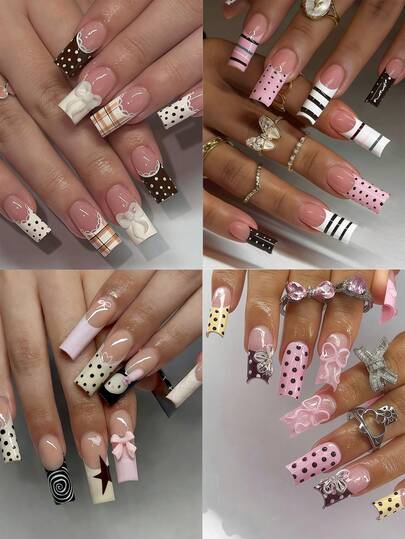 Actualiza tu look con el estilo Y2K. Usa 24 uñas postizas cuadradas de tamaño mediano para cambiar tus uñas, incluyendo estilos como lunares marrones, cuadros, encaje blanco, corazones a rayas, conejos de dibujos animados, lazos rosa claro y talla grande - ¡Fresco y adorable!