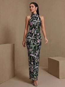 Vestido de fiesta con estampado floral elegante y bordado, adecuado para boda y primavera - Multicolor - Ver 2