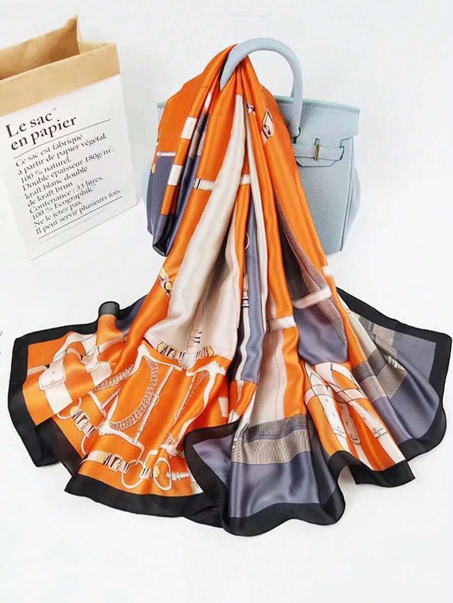 1pc Women's Orange Belt Chain Printed Satin Scarf - Orange - View 1