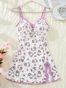 Sanrio 女款 Hello Kitty 草莓印花 V 領對比蕾絲開衩荷葉邊透視露背睡裙洋裝 - 淡紫色 - 查看 1